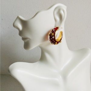 Auth Celine Huggie Hoop Earrings Gold Tone Red Enamel Crystals